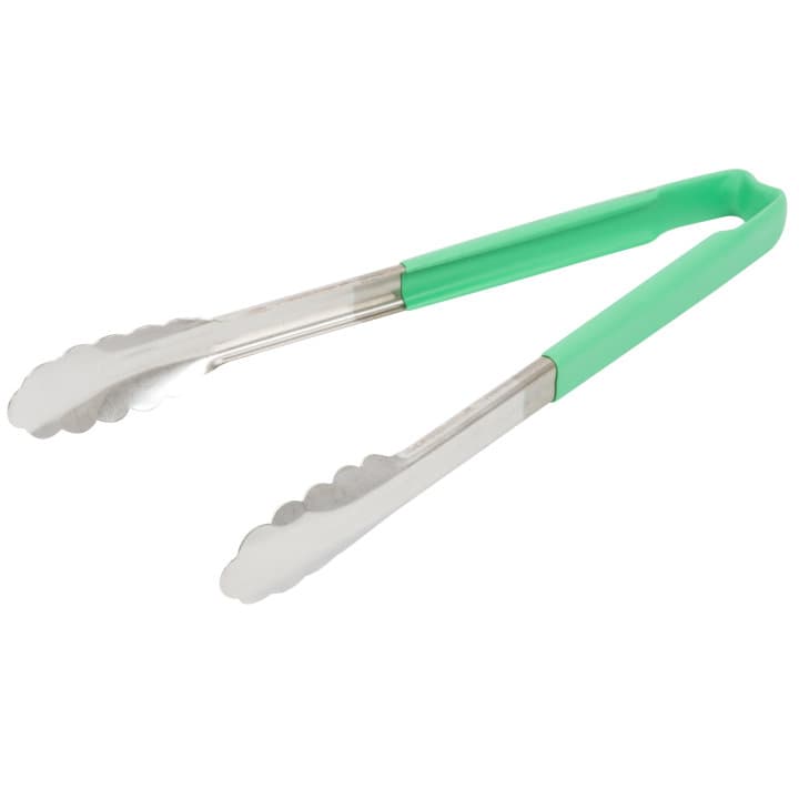12-inch stainless steel one-piece scalloped tongs with green Kool-Touch® handle