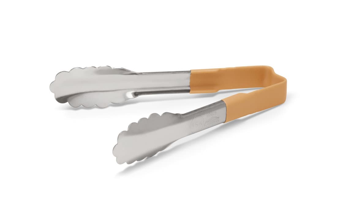 6-inch stainless steel one-piece scalloped tongs with ivory Kool-Touch® handle