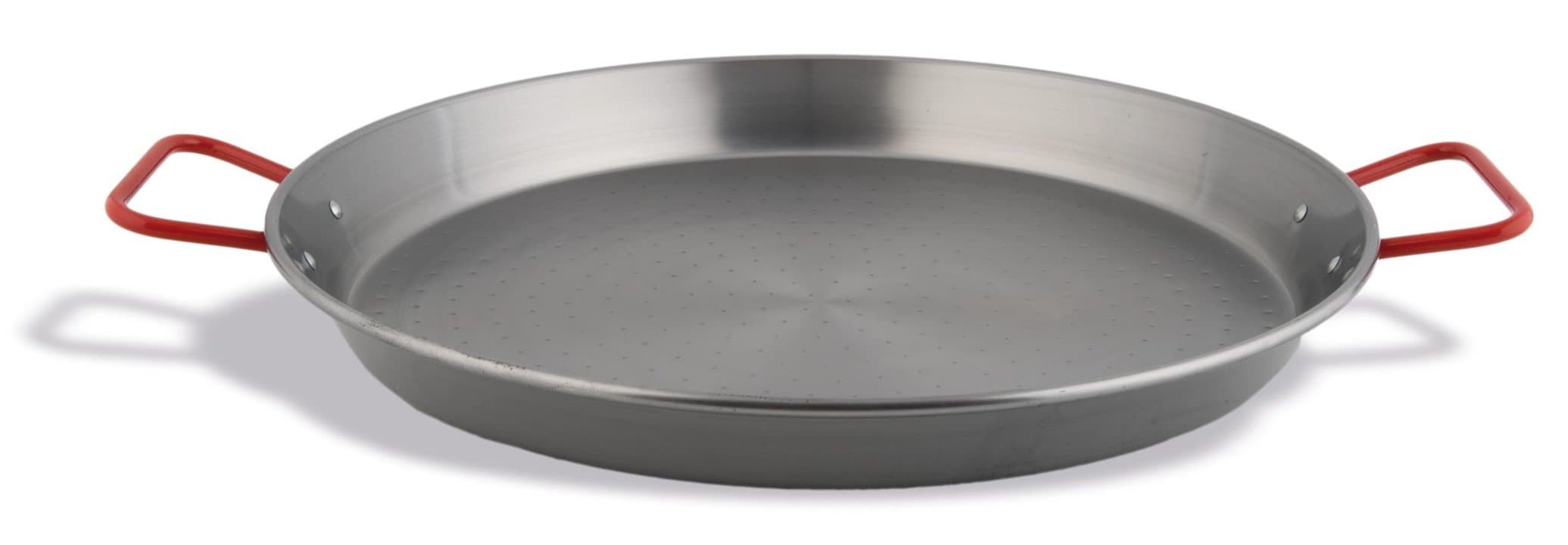 Polished steel paella pan 90 cm with red handles