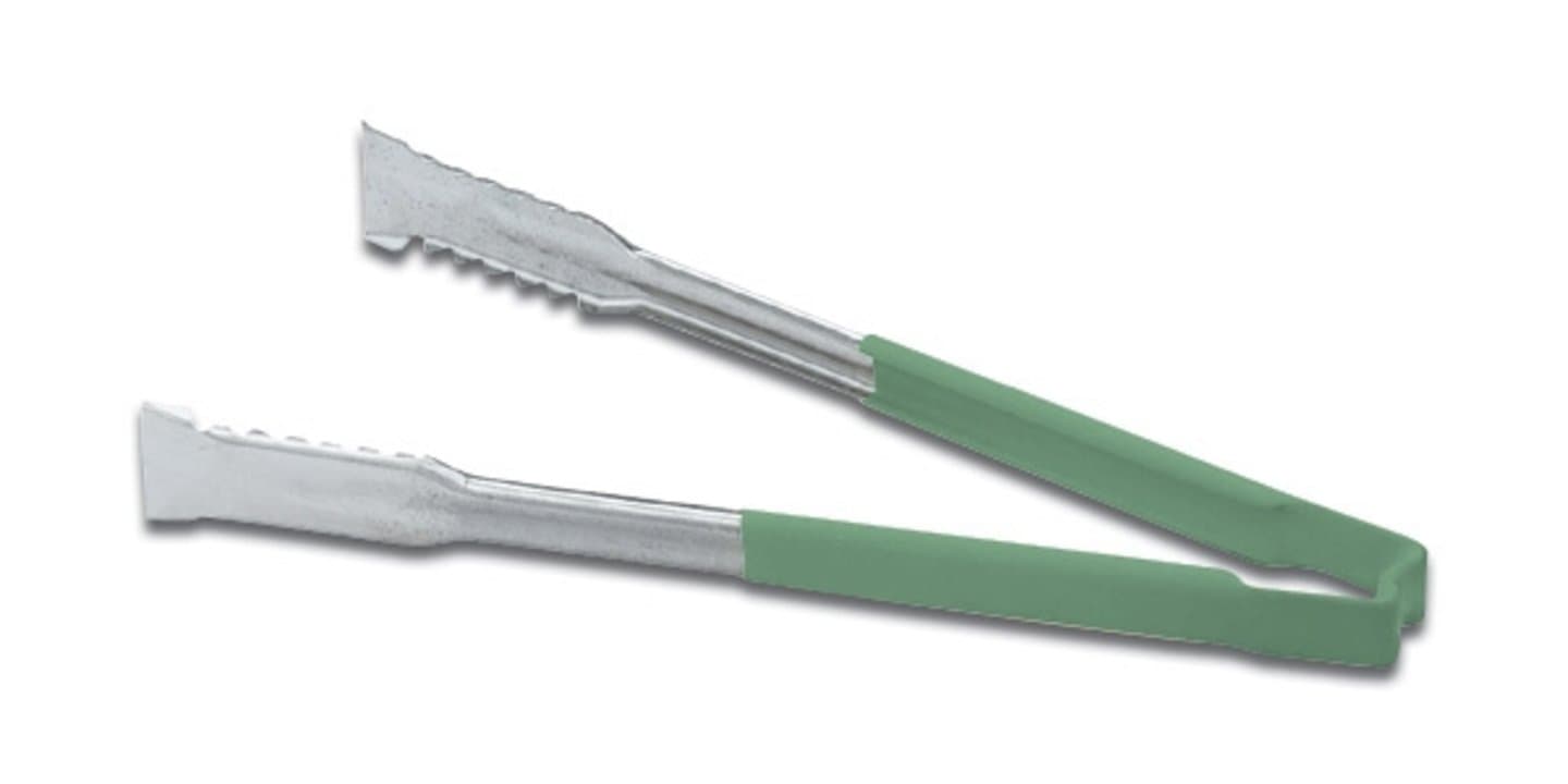 ​​16-inch stainless steel one-piece tongs with Versagrip™ ends and green Kool-Touch® handle