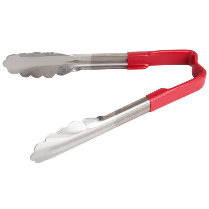 6-inch stainless steel one-piece scalloped tongs with red Kool-Touch® handle