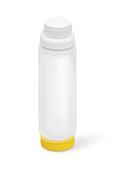 24-ounce Traex® FIFO clear squeeze dispenser with white FlowCut™ cap and yellow base cap