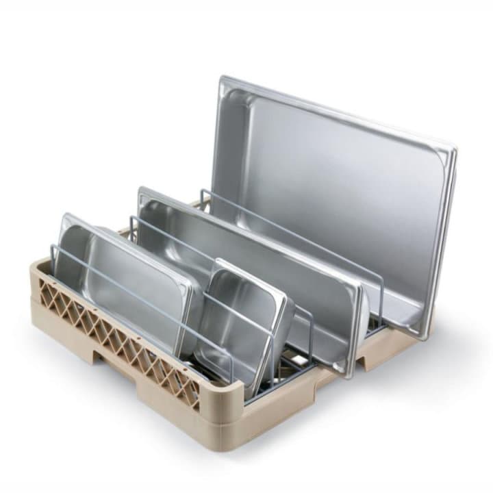 Full-size five-compartment Traex® insulated tray and steam table pan rack in beige