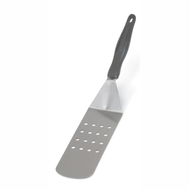 Heavy-duty stainless steel perforated hamburger turner with nylon Ergo Grip™ handle in black