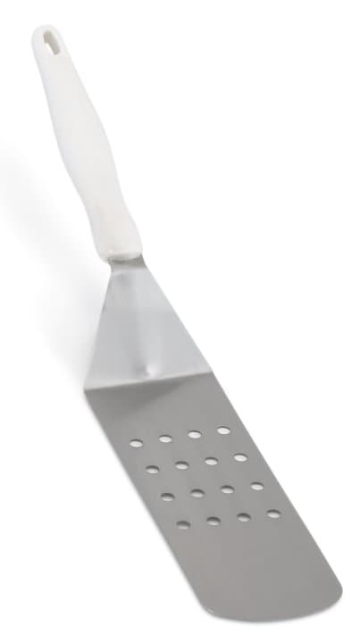 Heavy-duty stainless steel perforated hamburger turner with white nylon Ergo Grip™ handle
