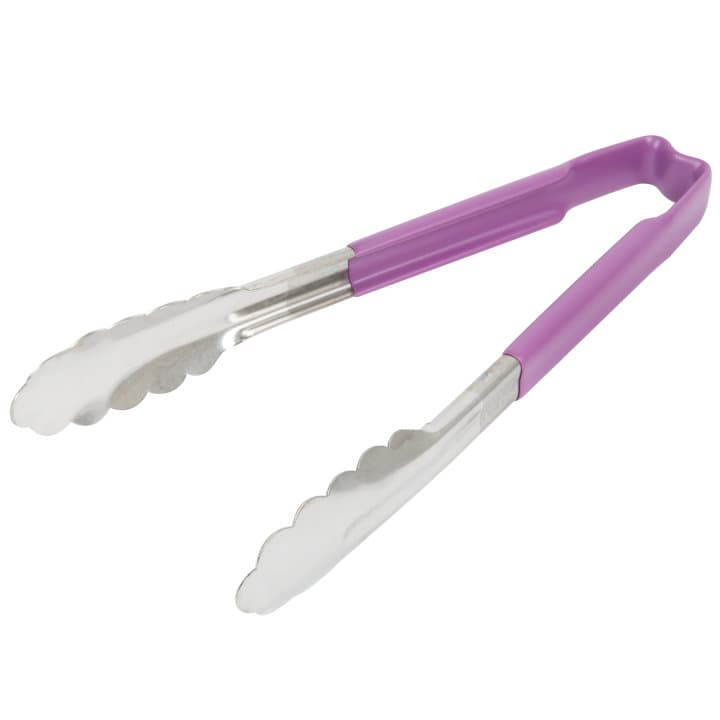 9 ½-inch stainless steel one-piece scalloped tongs with purple Kool-Touch® handle
