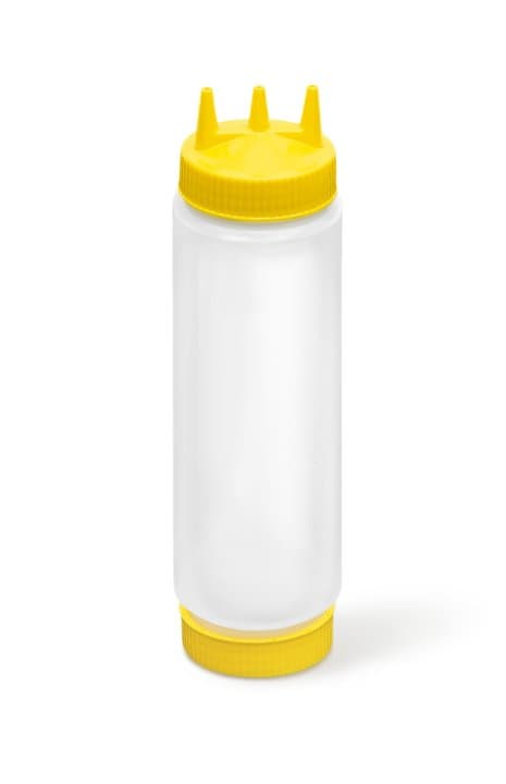 24-ounce Traex® FIFO clear squeeze dispenser with yellow Tri Tip™ and yellow base cap