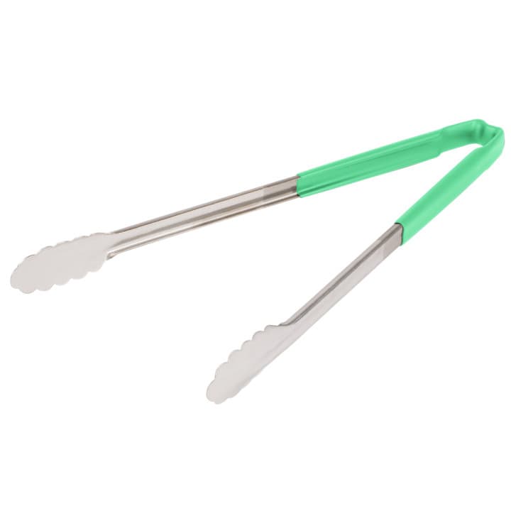 16-inch stainless steel one-piece scalloped tongs with green Kool-Touch® handle