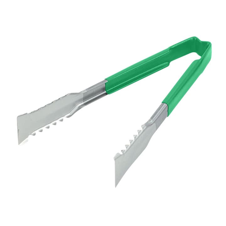 ​​9 ½-inch stainless steel one-piece tongs with Versagrip™ ends and green Kool-Touch® handle