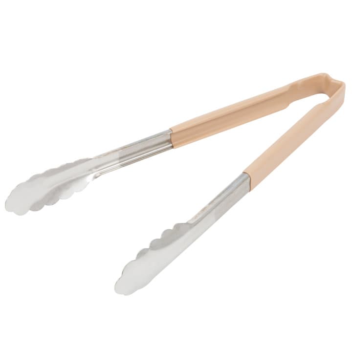 12-inch stainless steel one-piece scalloped tongs with tan Kool-Touch® handle
