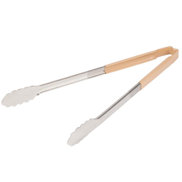 16-inch stainless steel one-piece scalloped tongs with tan Kool-Touch® handle