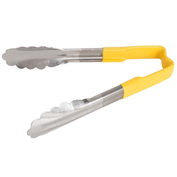 6-inch stainless steel one-piece scalloped tongs with yellow Kool-Touch® handle