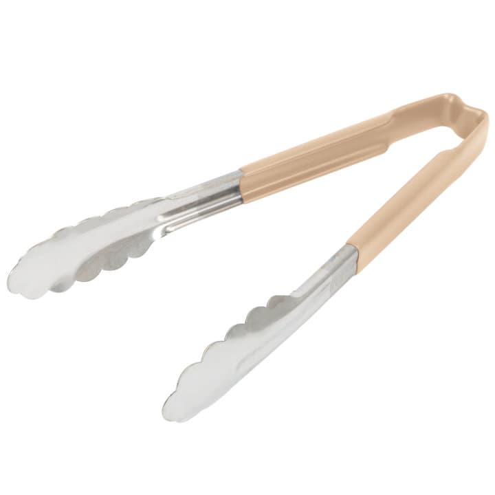 9 ½-inch stainless steel one-piece scalloped tongs with tan Kool-Touch® handle