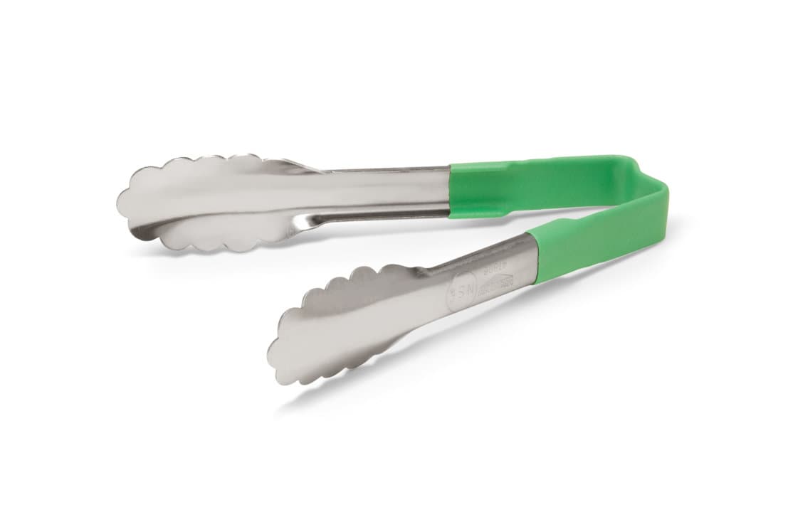 6-inch stainless steel one-piece scalloped tongs with green Kool-Touch® handle