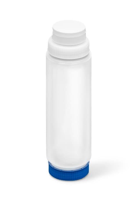 24-ounce Traex® FIFO clear squeeze dispenser with white FlowCut™ cap and blue base cap