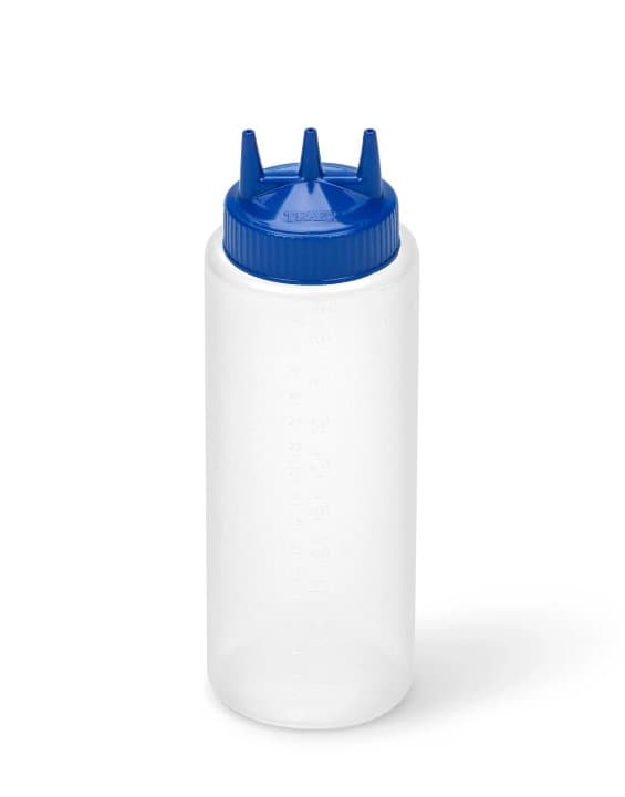 32-ounce Traex® Color-Mate Tri Tip™ wide-mouth clear squeeze dispenser with blue top